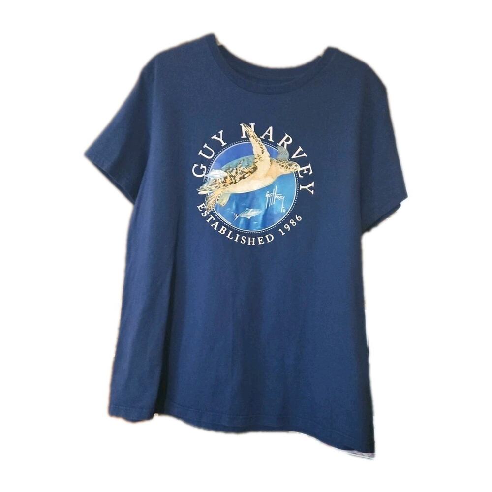 Guy Harvey Shirt Womens Sz 2XL Blue Sea Turtle Fish Fishing Ocean Graphic Logo